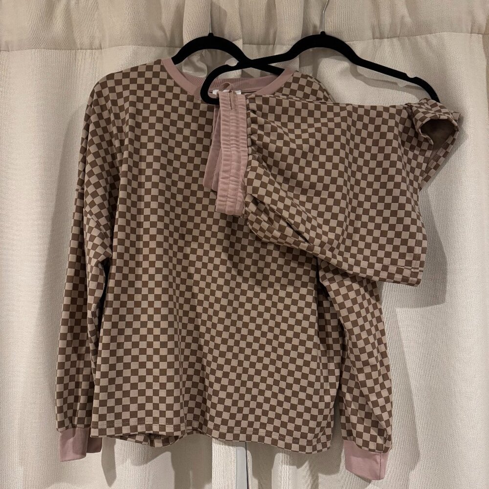 NWOT Mocha Checkered Pullover Shorts Bump-Friendly Set — XL